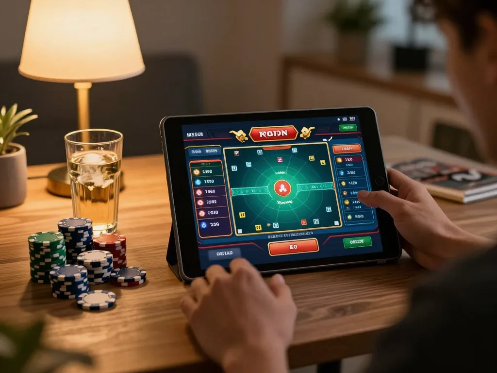 Player enjoying online gaming at Sky88 with tablet displaying vibrant casino games.