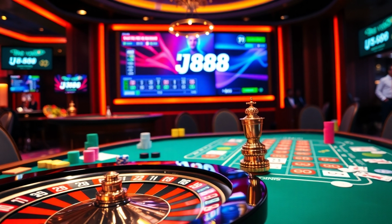 BJ88 casino scene with vibrant gaming table, roulette wheel, and live betting interface, exuding excitement.