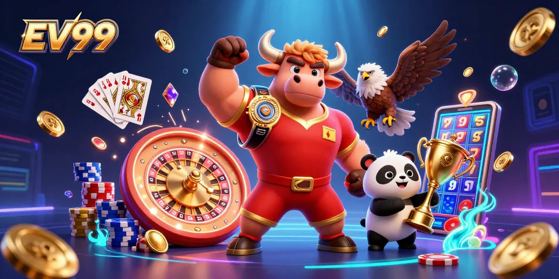 Win big at EV99 with lively characters celebrating in a vibrant casino atmosphere.