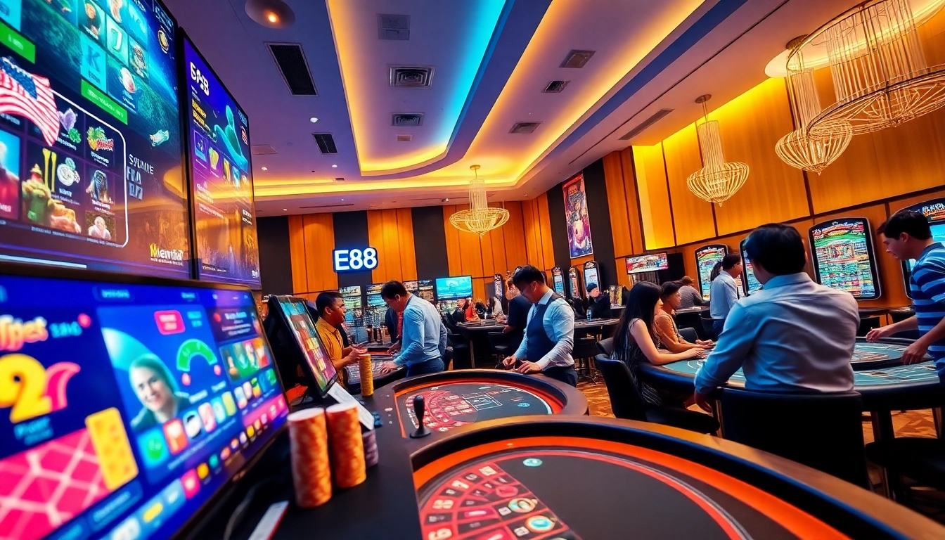E88 online casino features vibrant gaming experiences with diverse players enjoying slots and live interactions.