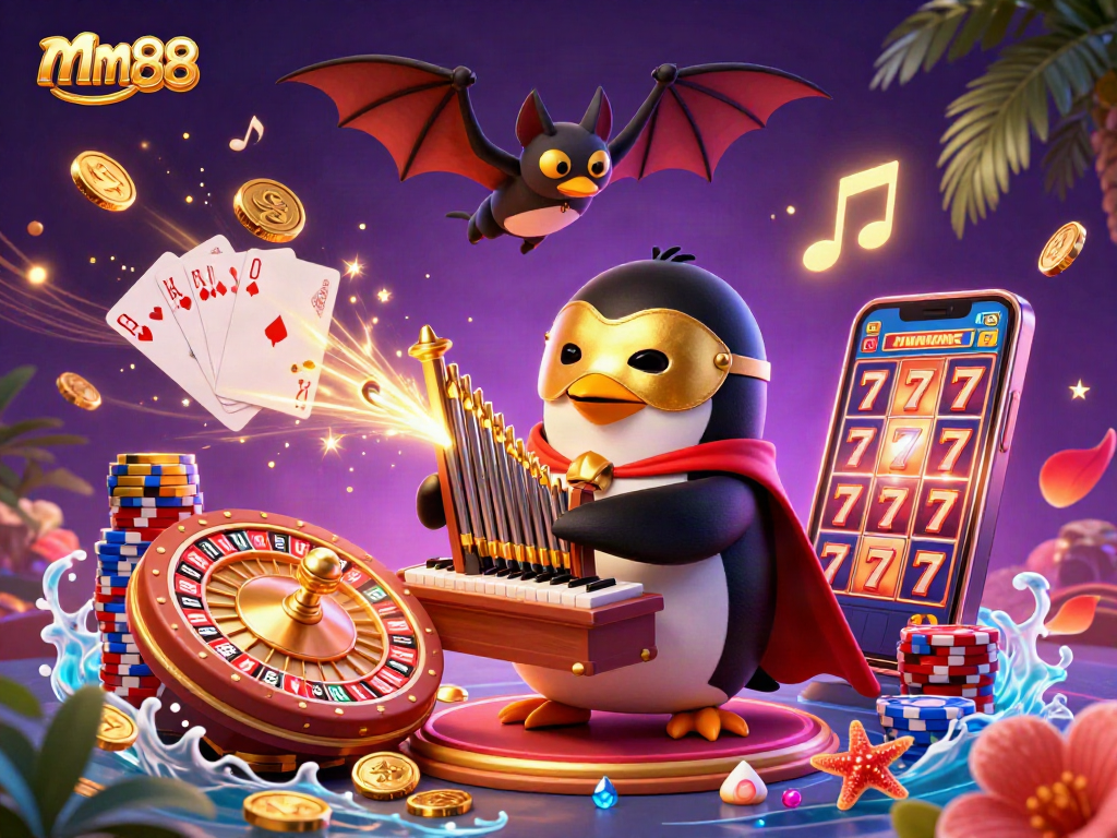 Engage with mm88's animated casino adventure featuring a chandelier-swinging bat and a coin-shooting penguin.