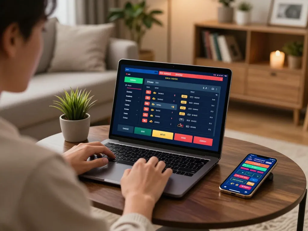 Engaged in online sports betting at rr88, showcasing live odds on laptop and casino app on smartphone.