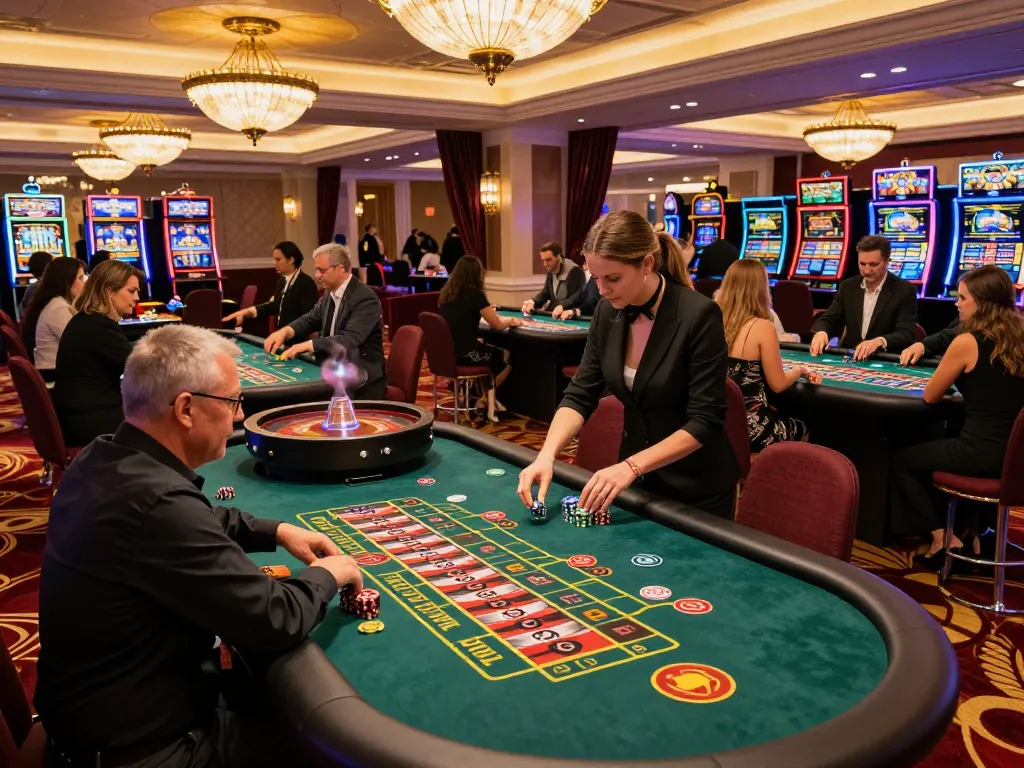 F168 players engaging in a thrilling roulette session at an upscale casino with vibrant decor.