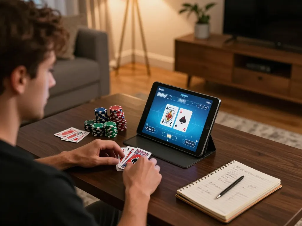 Player enjoying an online poker game on tablet at home, showcasing ALO8's engaging interface and cozy atmosphere