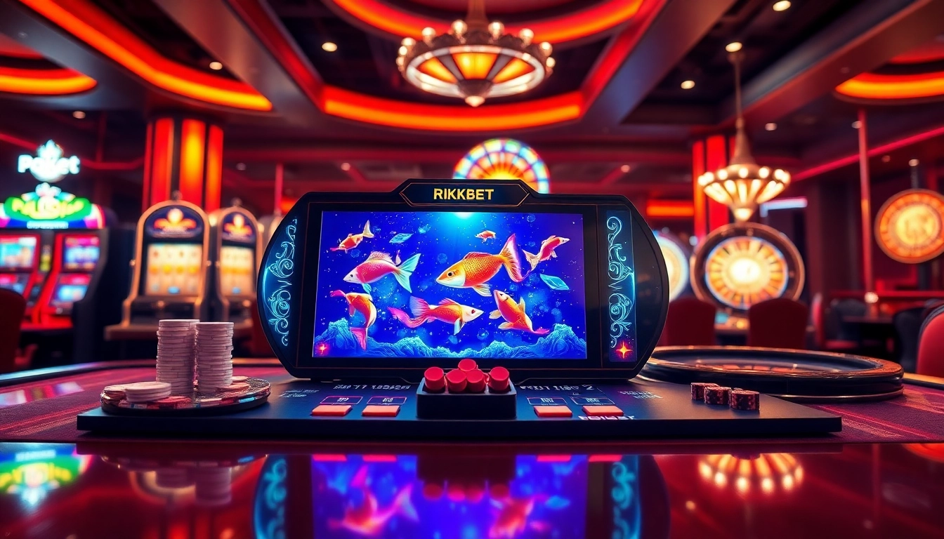 Bắn cá rikbet game interface with vibrant visuals, enticing fish animations, and casino elements.