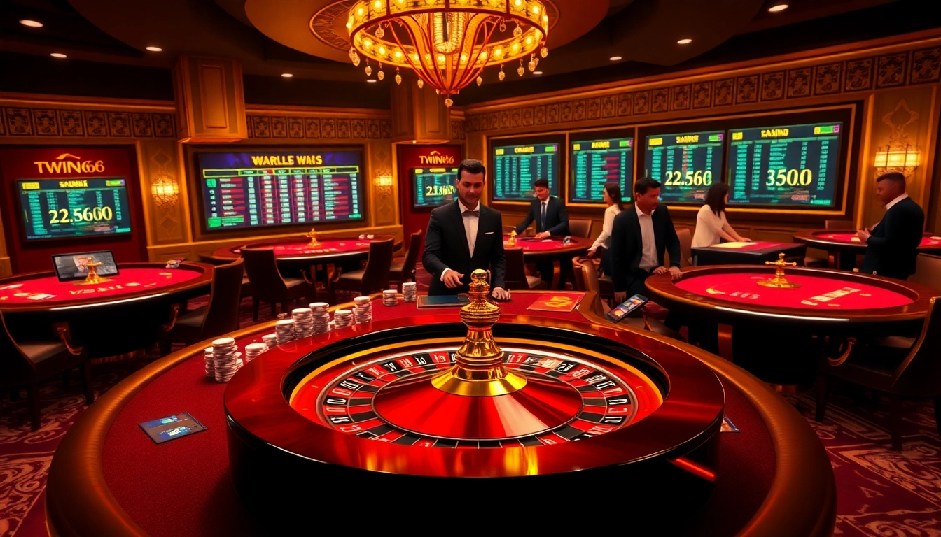Twin68 casino scene showcasing engaging online gambling with dynamic poker chips and roulette wheel.