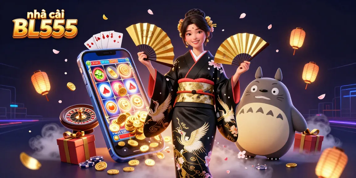 Engage in thrilling gameplay at nhà cái BL555 with vibrant scenes of slot machines, cards, and golden treasures.