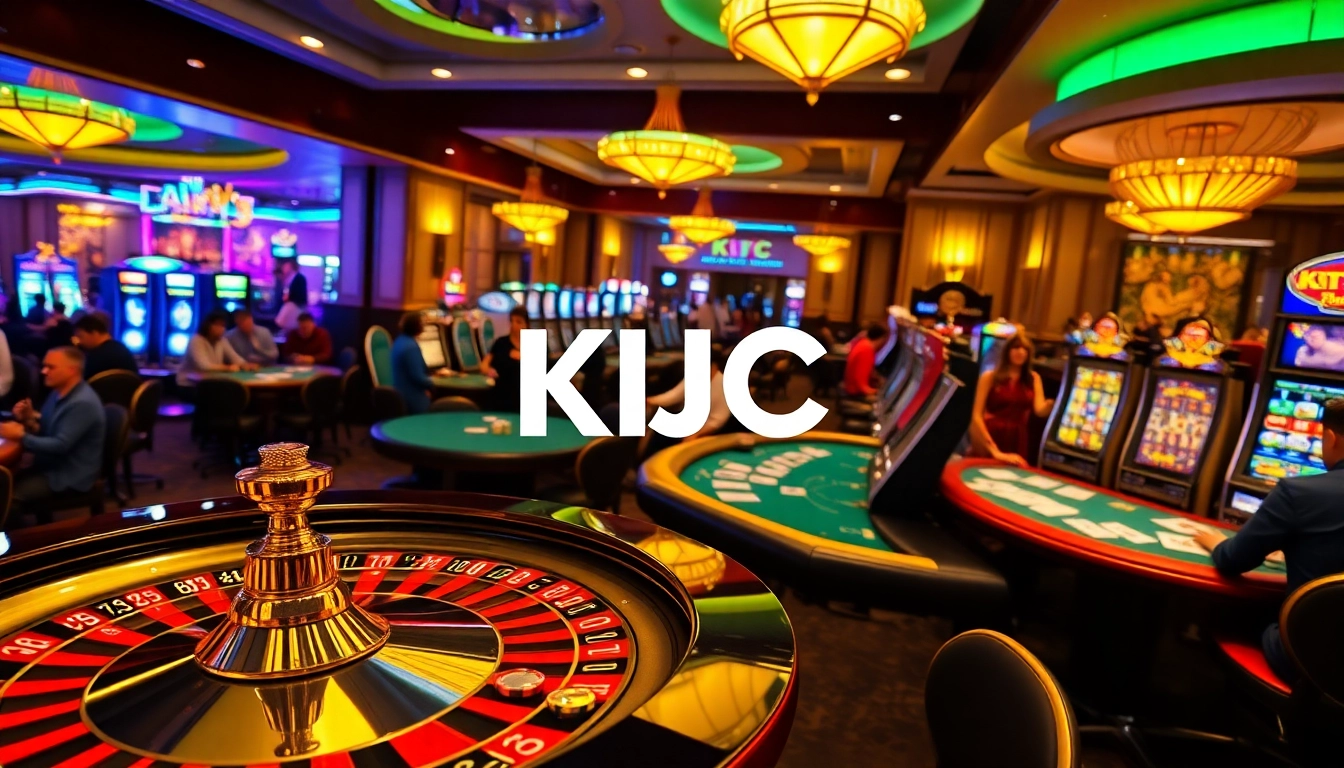KJC players engaging in high-stakes games at a luxurious casino with poker tables and a roulette wheel.