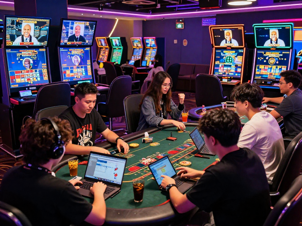 Young players enjoying KOMBET168 at a lively virtual casino with vibrant lights and gaming action.
