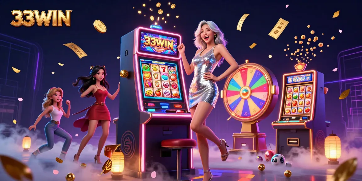 Excited players celebrate a jackpot at 33WIN casino, surrounded by vibrant gaming elements.