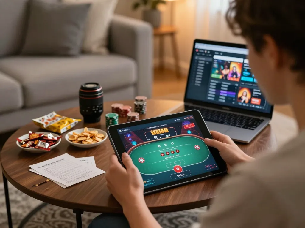 Player engaging in SC88 online poker gameplay on tablet with betting notes nearby