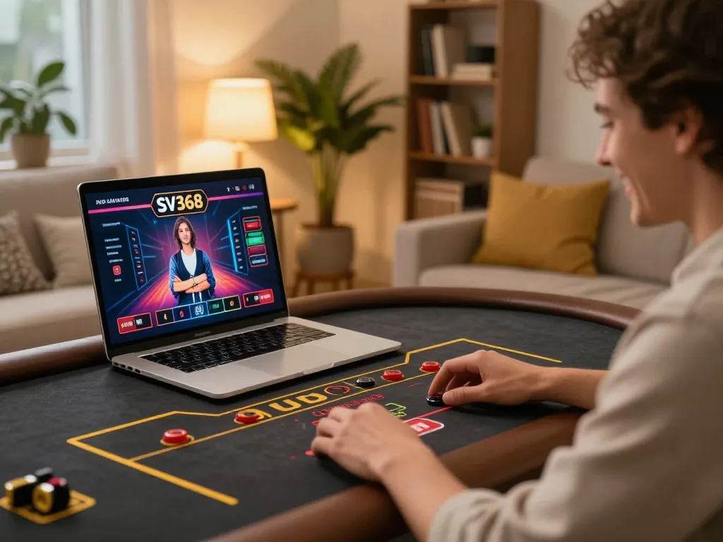 Play exciting SV368 casino games on a laptop in a cozy home setting, showcasing lively online gaming.