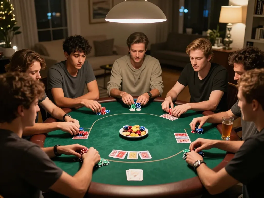 789win poker night with friends enjoying Texas Hold'em around a table, lively atmosphere.
