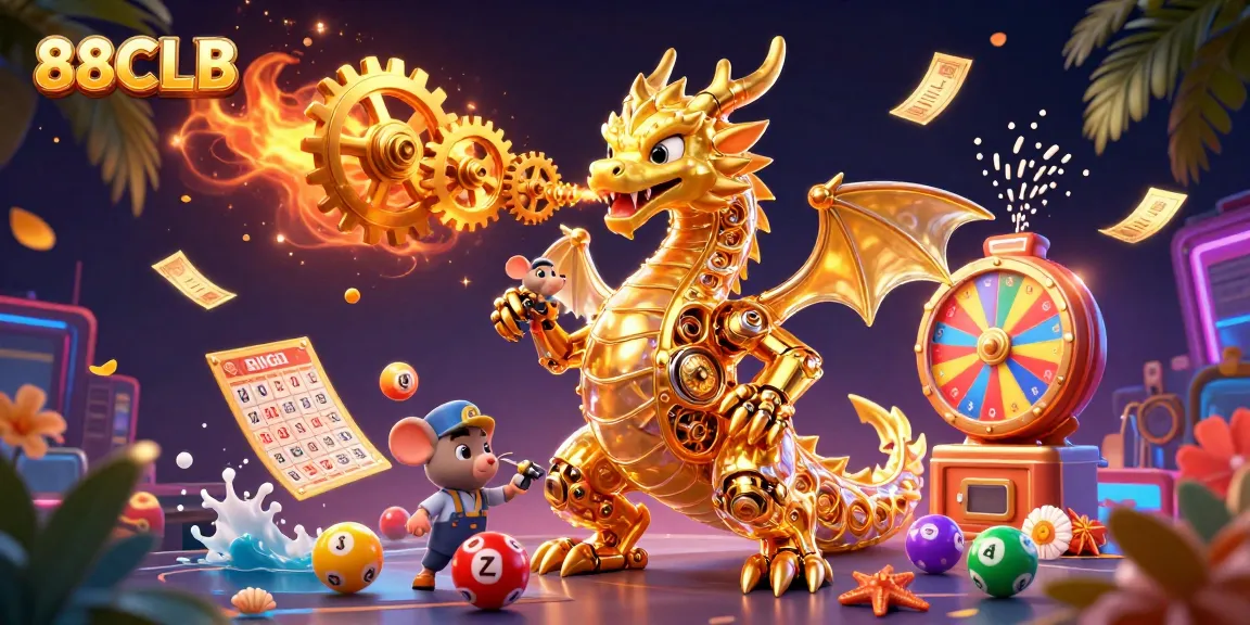 Experience the excitement of 88CLB with vibrant casino elements, featuring a golden dragon and dynamic lottery visuals.