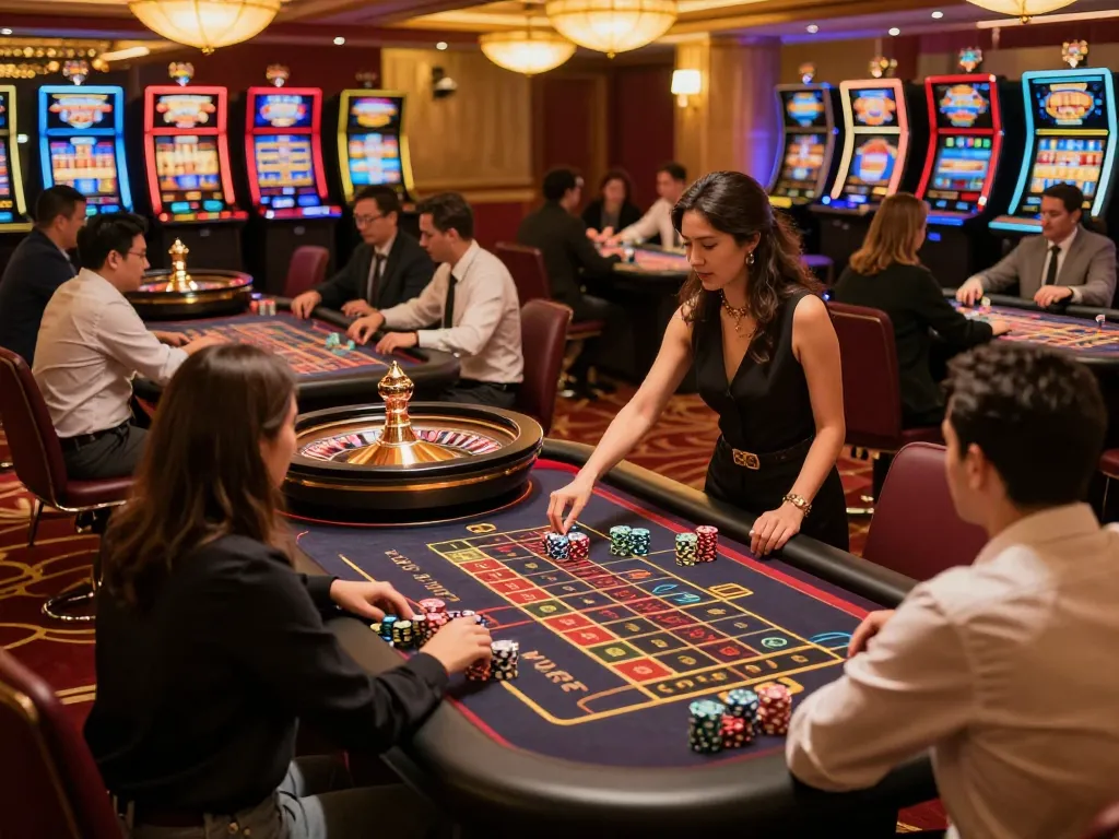 Experience debet15 excitement with players strategizing at roulette tables in a lively casino.