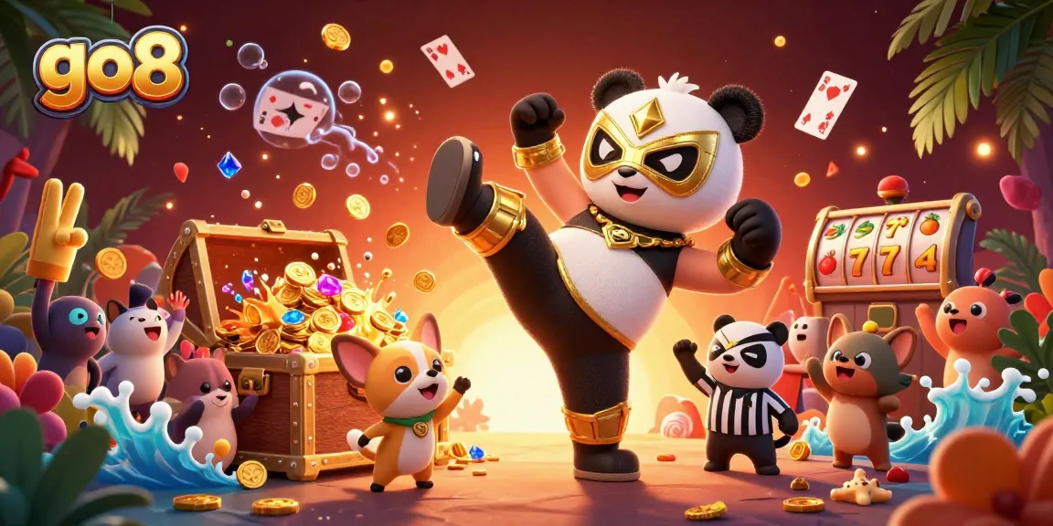 Experience the exhilarating go8 casino adventure with a golden lucha libre panda amidst dazzling gaming elements.