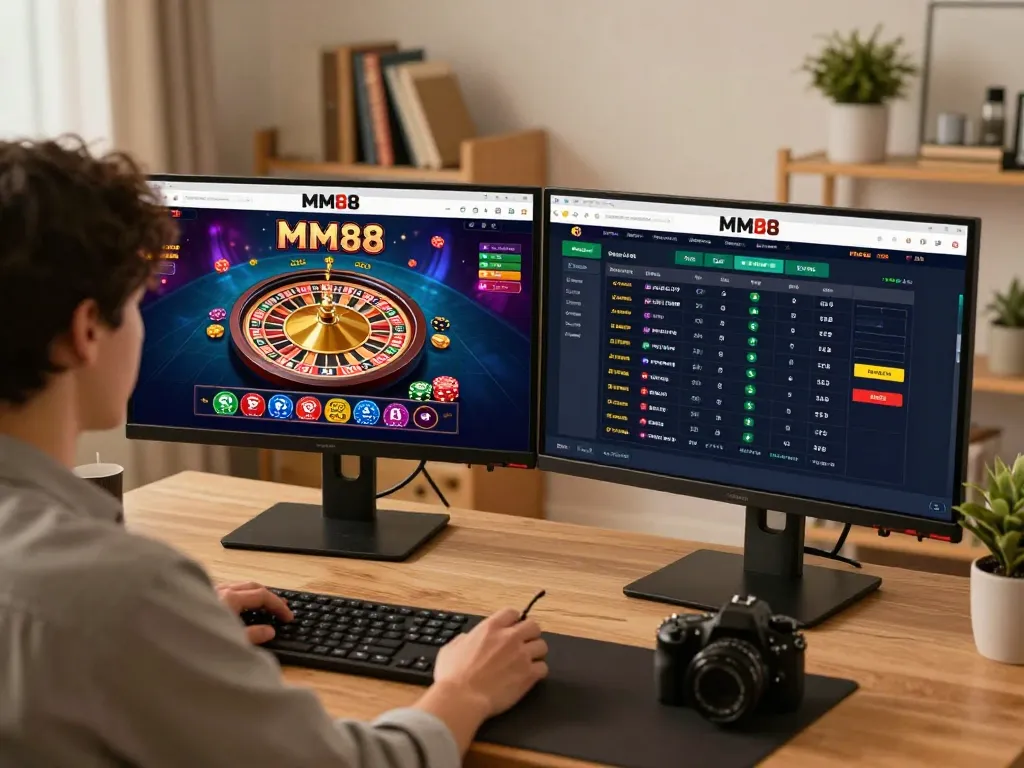 Engaging gameplay on MM88 online casino with roulette and sports betting screens in a cozy home setup.