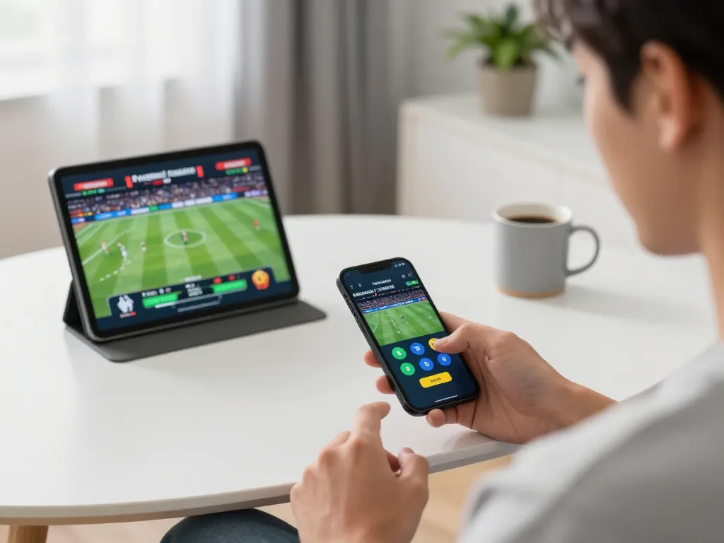 Exciting sports betting action with mb66-t on smartphone in a modern home setup.