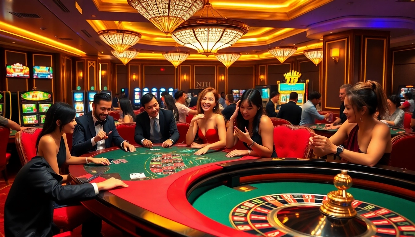 Engaged players in a luxurious casino setting featuring DA88 elements and vibrant gaming activity.
