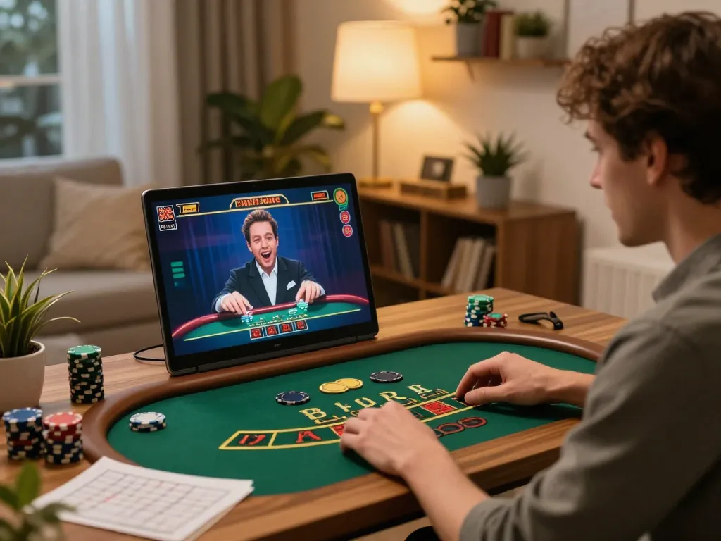 Engaging in online blackjack at home, sunwin gaming experience with strategic bets highlighted.
