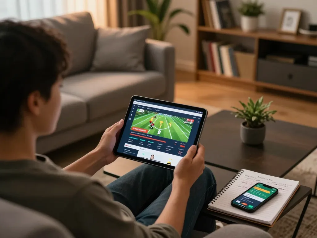 Socolive streaming football on a tablet in a cozy home gaming setup, showcasing a responsible gaming atmosphere.