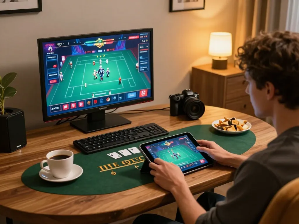 Dabet player enjoying live dealer blackjack on tablet in a cozy gaming setup