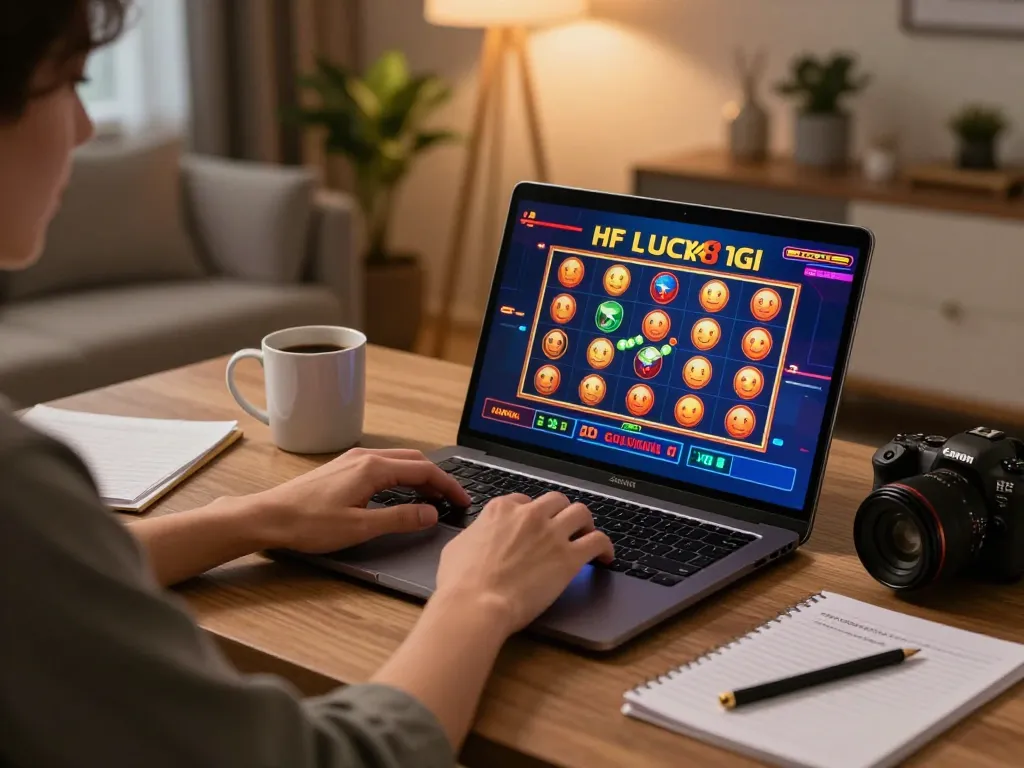 Engaging in online gaming at Luck8, showcasing a vibrant slot game on a laptop amid a cozy home office setting.