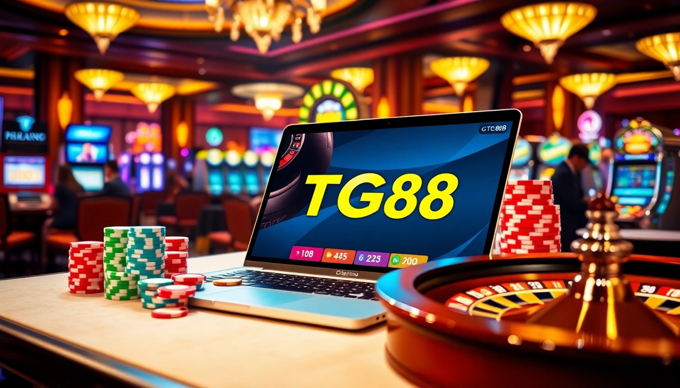Exciting TG88 online gambling scene with poker chips and a roulette wheel in a luxurious casino setting.