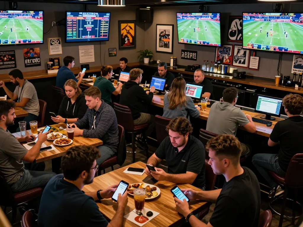 Individuals engaged in thrilling sports betting at mb66, capturing live game excitement with smartphones and screens.