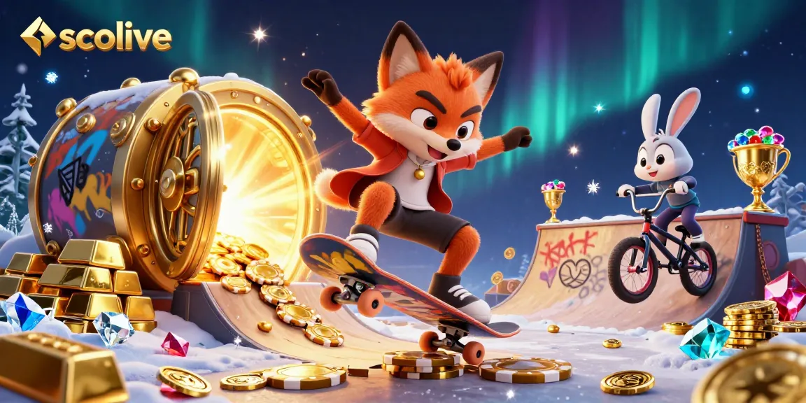 Socolive delivers an engaging cartoon scene of a fox skateboarder and rabbit BMX rider amid vibrant casino-themed visuals.