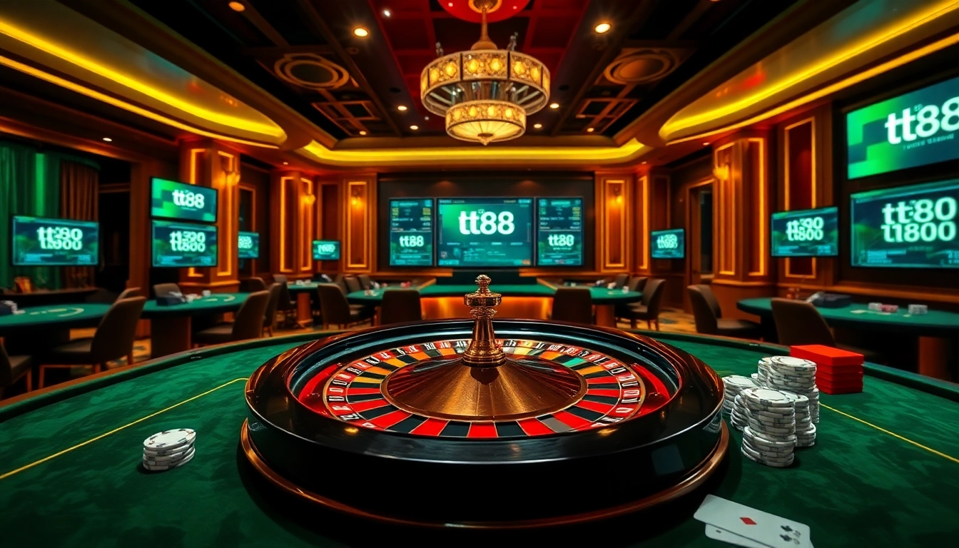 Gamble at tt88 with poker chips and roulette tables under vibrant casino lights.