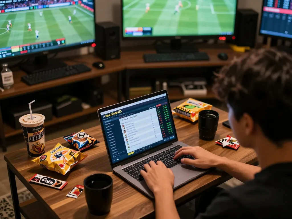 Engaged user analyzing sports odds on keonhacai5 platform, surrounded by betting materials in a cozy home setting.