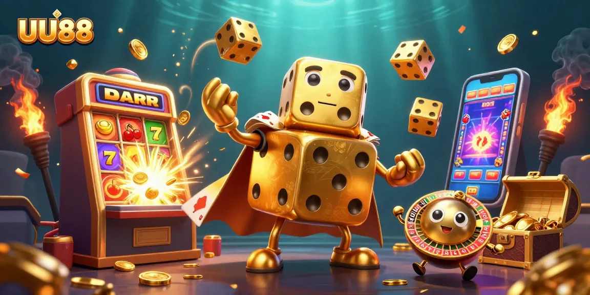 UU88 gaming experience featuring a golden dice golem and jackpot celebration, immersing players in casino excitement.
