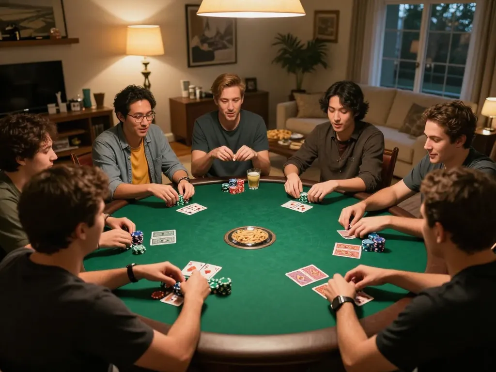 Friends playing poker during a game night, featuring vebotv themed excitement and strategic gameplay.