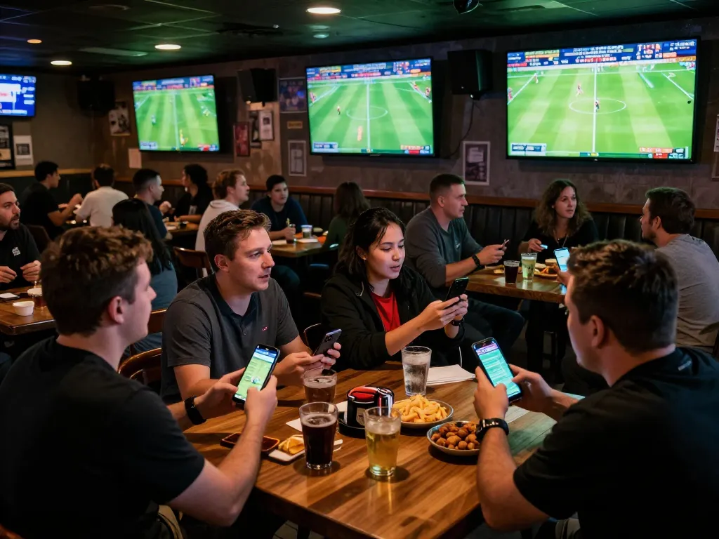 Kết quả bóng đá displayed on multiple screens in an energetic sports bar, depicting fans actively engaged in live betting.