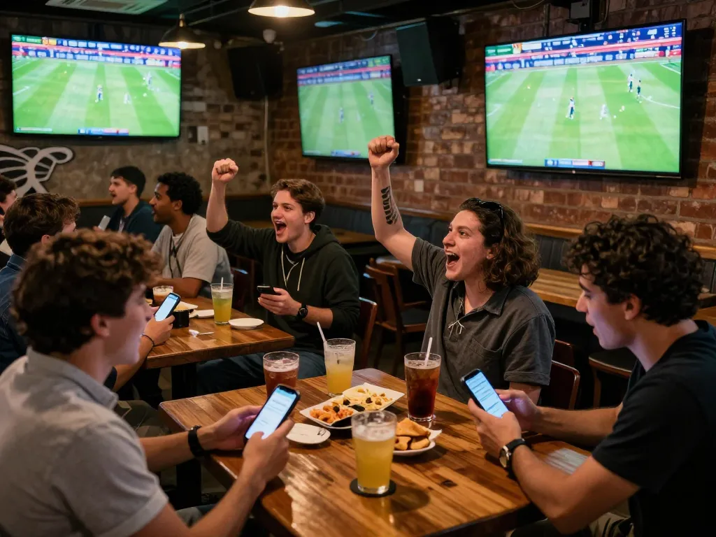 KQBD enhances the sports betting experience with fans engaged in thrilling moments in a lively sports bar.
