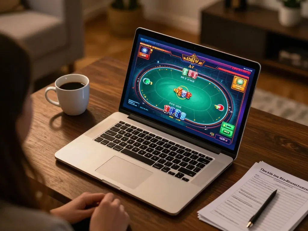 Rikvip players enjoying an engaging online poker session at home with cozy decor.