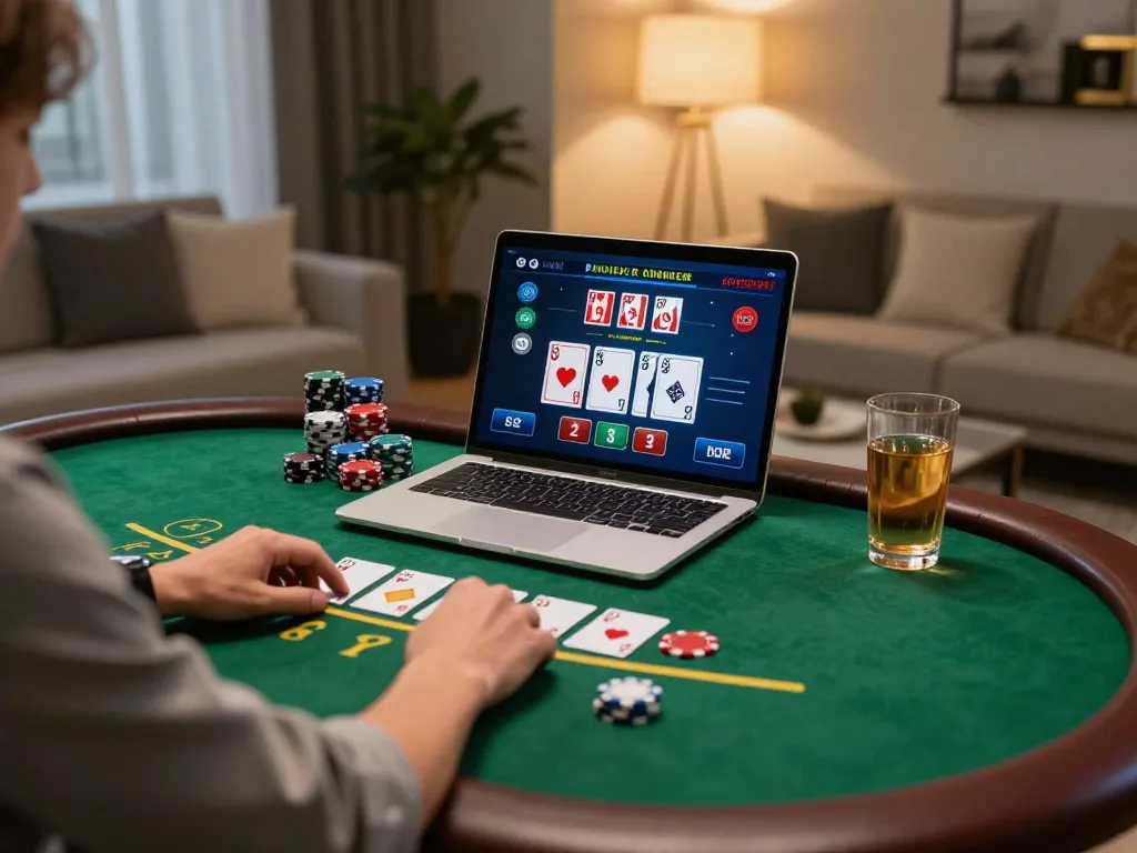 Ok365 player enjoying a blackjack game in a stylish home setup, emphasizing responsible gambling.