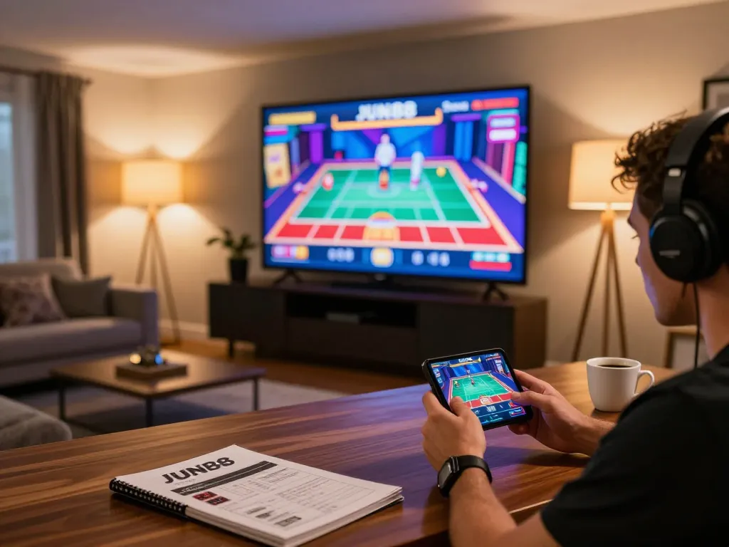 Engaging mobile gaming experience using the JUN88 app in a cozy home setting.