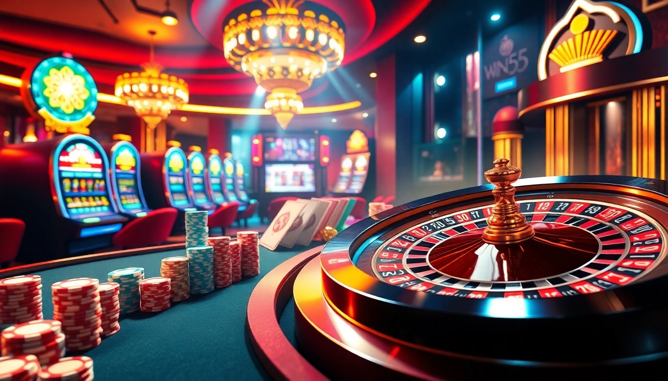 Experience the vibrant online gambling action at Nhà cái Win55 with thrilling casino tables and slot machines.