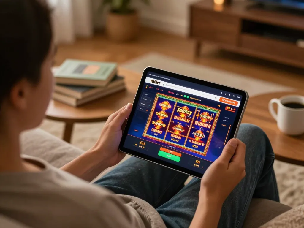 Engaging with 188bet casino games on a tablet in a cozy home setting, showcasing modern online gambling.