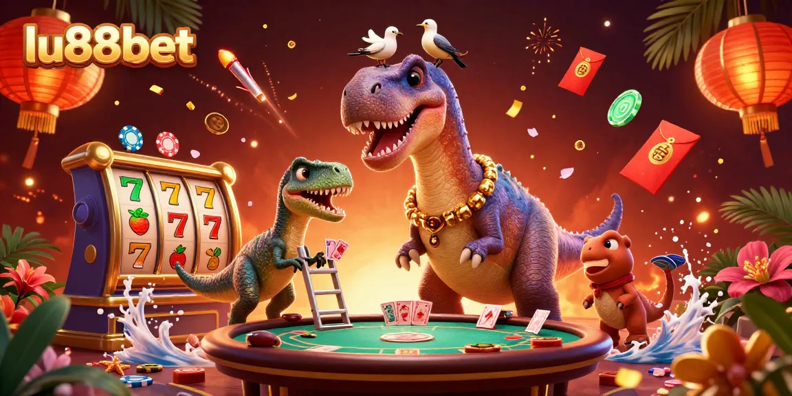 Engage with the vibrant scene of lu88bet, featuring a towering dinosaur amidst dynamic casino elements.