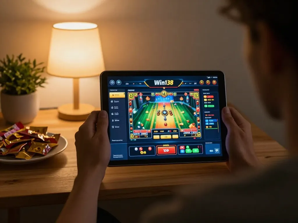 Play engaging online games with Win138 on a cozy tablet setup, inviting personal space.