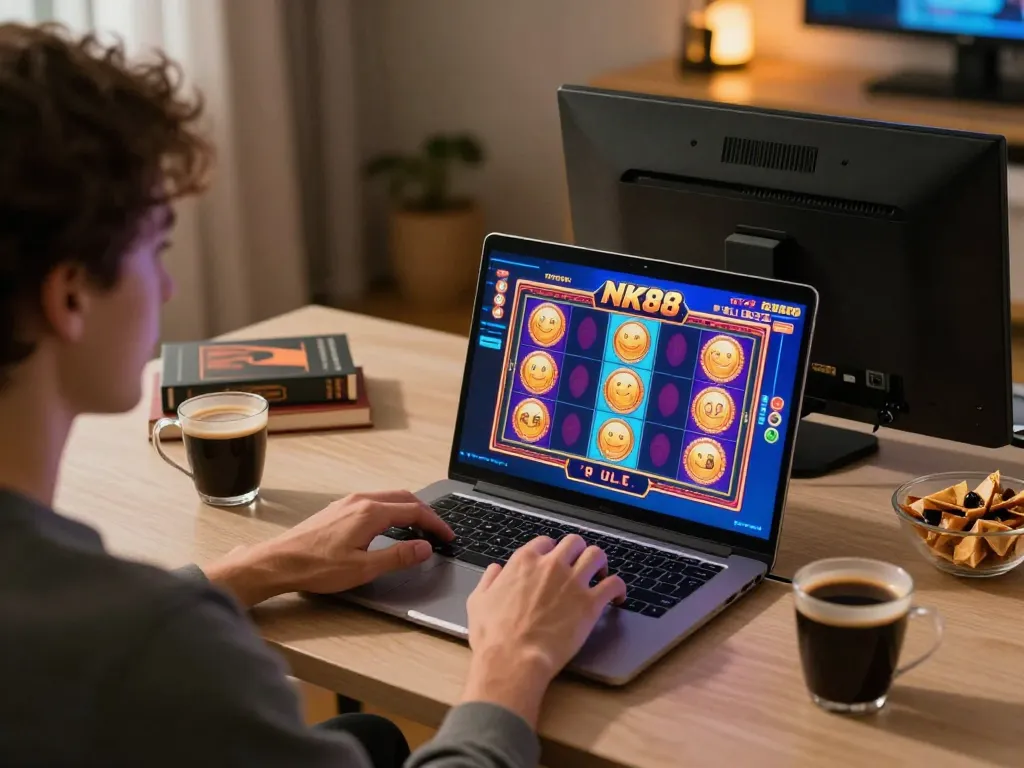 Engaging in NK88 online casino gameplay with a laptop and snacks in a cozy home setting.