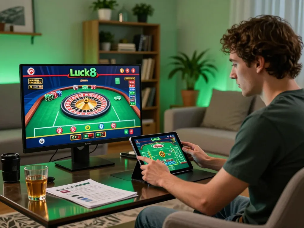 Engaging with the luck8 app for online gaming, player strategizing in a cozy living room.