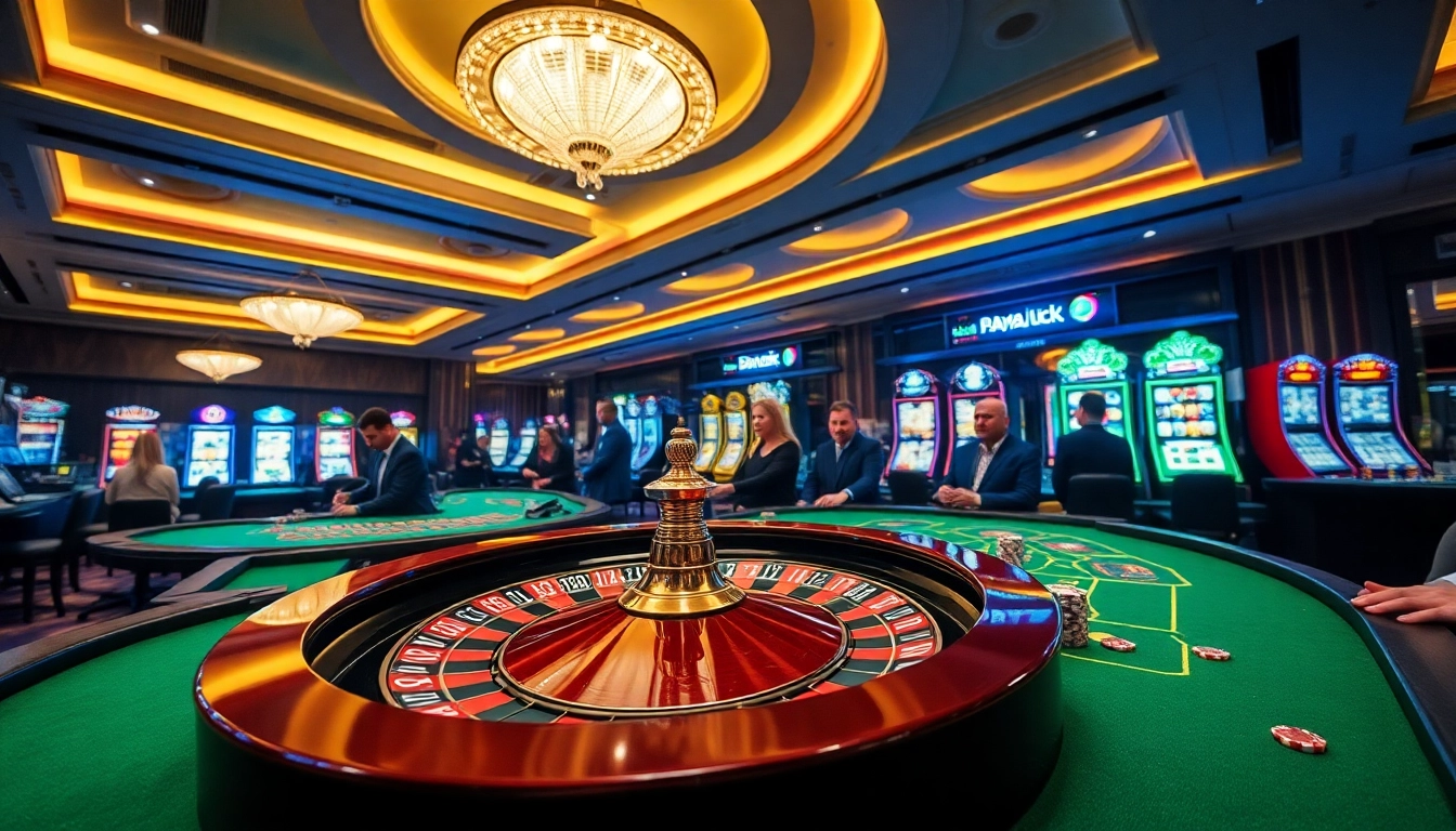 Raja Luck casino scene with players at roulette tables and vibrant slot machines.