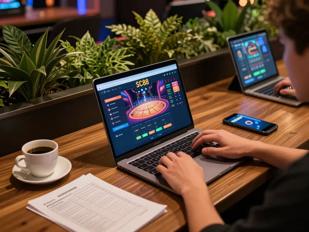 Player engaging with SC88 online gaming on laptop, showcasing vibrant casino interface and strategic notes.