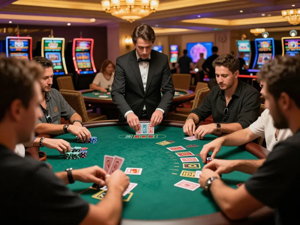 Hitclub players engaged at a thrilling blackjack table in a luxurious casino atmosphere, focusing on strategic gameplay.