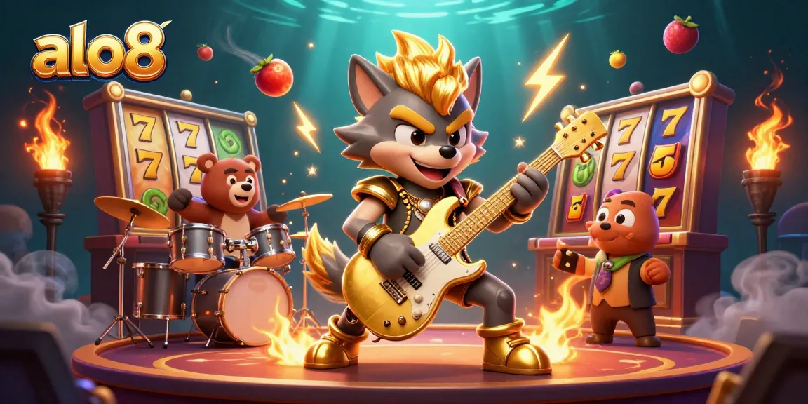 Alo8 engages players with a vibrant 3D illustration of a rock star wolf playing guitar on a thrilling casino stage.