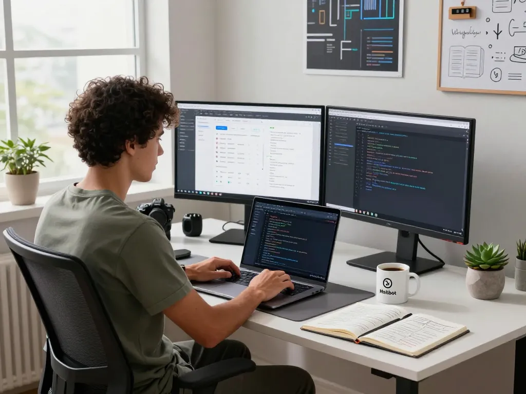 Moltbot displayed on a laptop in a modern home office workspace with coding activities and project management tools.